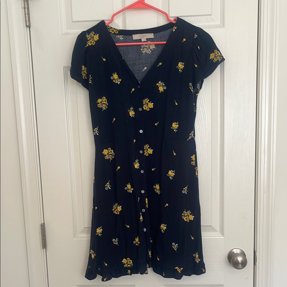 Loft Navy with Yellow Floral Button Down Dress